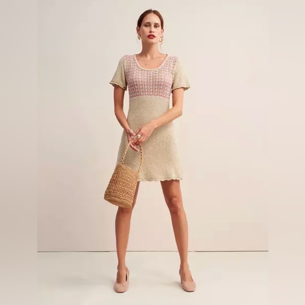 ROUJE Frankie crotchet gold/pink scoop neck short sleeve A line dress archival